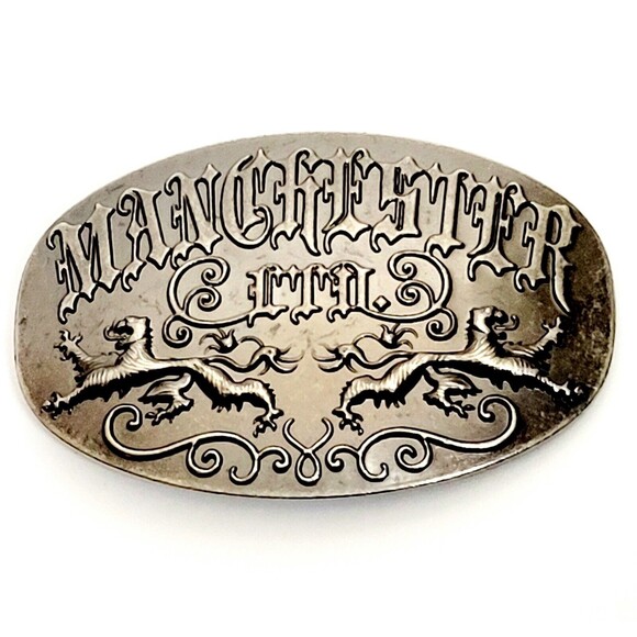 Manchester LTD Belt Buckle 4" Wide Name Spell Out & Lions Crest Scroll Work VGC! - Picture 1 of 10